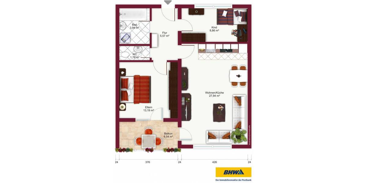 Etagenwohnung Ditzingen Hirschlanden - 3 Zimmer, 63 m&sup2;, 197.000&euro; | Angebot:26065978