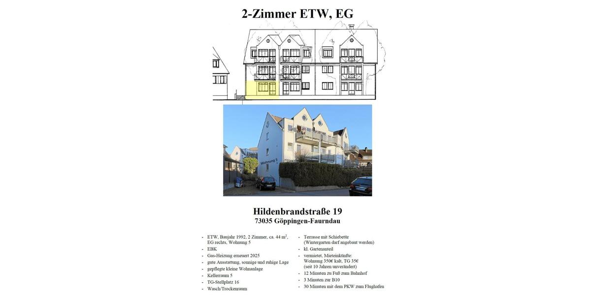 Erdgeschoßwohnung Göppingen Faurndau - 2 Zimmer, 44 m&sup2;, 180.000&euro; | Angebot:24870361